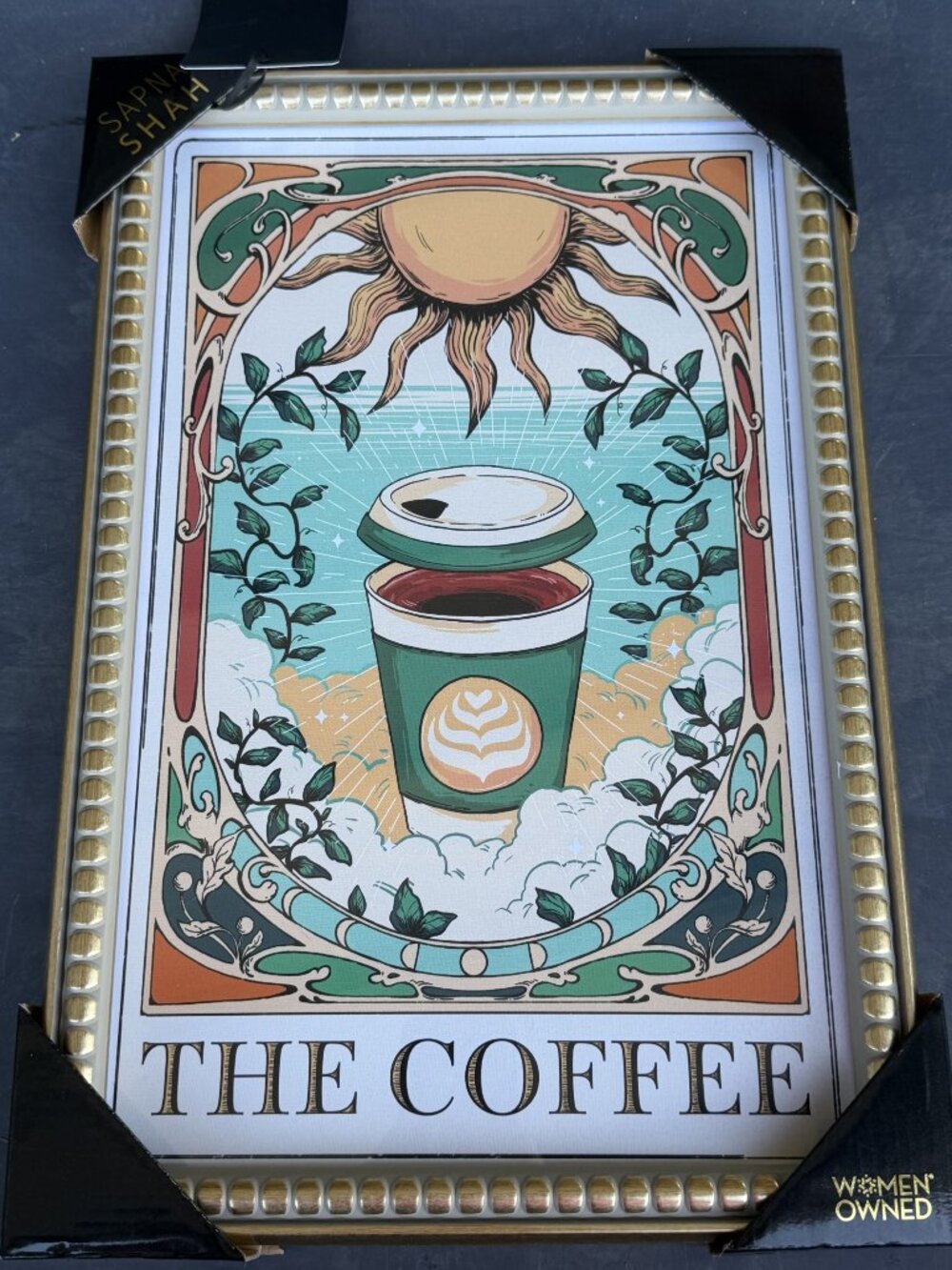 Sapna Shah – The Coffee - Loteria Style 18”x12” Framed Wall Art Print - NEW